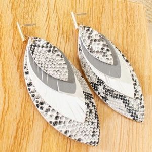 Leather Snake Print Leaf Shape Drop Earrings (G13)